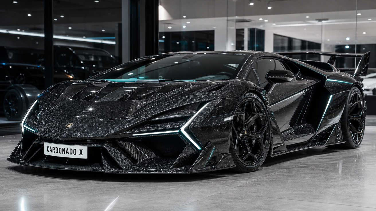 Carro esportivo Lamborghini preto carbonado com design aerodinâmico e faróis de LED modernos.