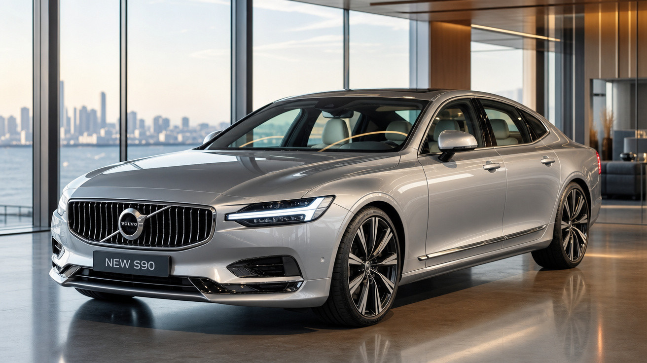 Carro sedan prata Volvo New S90 estacionado dentro de um showroom moderno com janelas grandes.