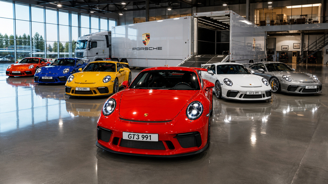 Seis carros esportivos Porsche GT3 991 em cores variadas expostos em showroom com caminhão de transporte ao fundo.
