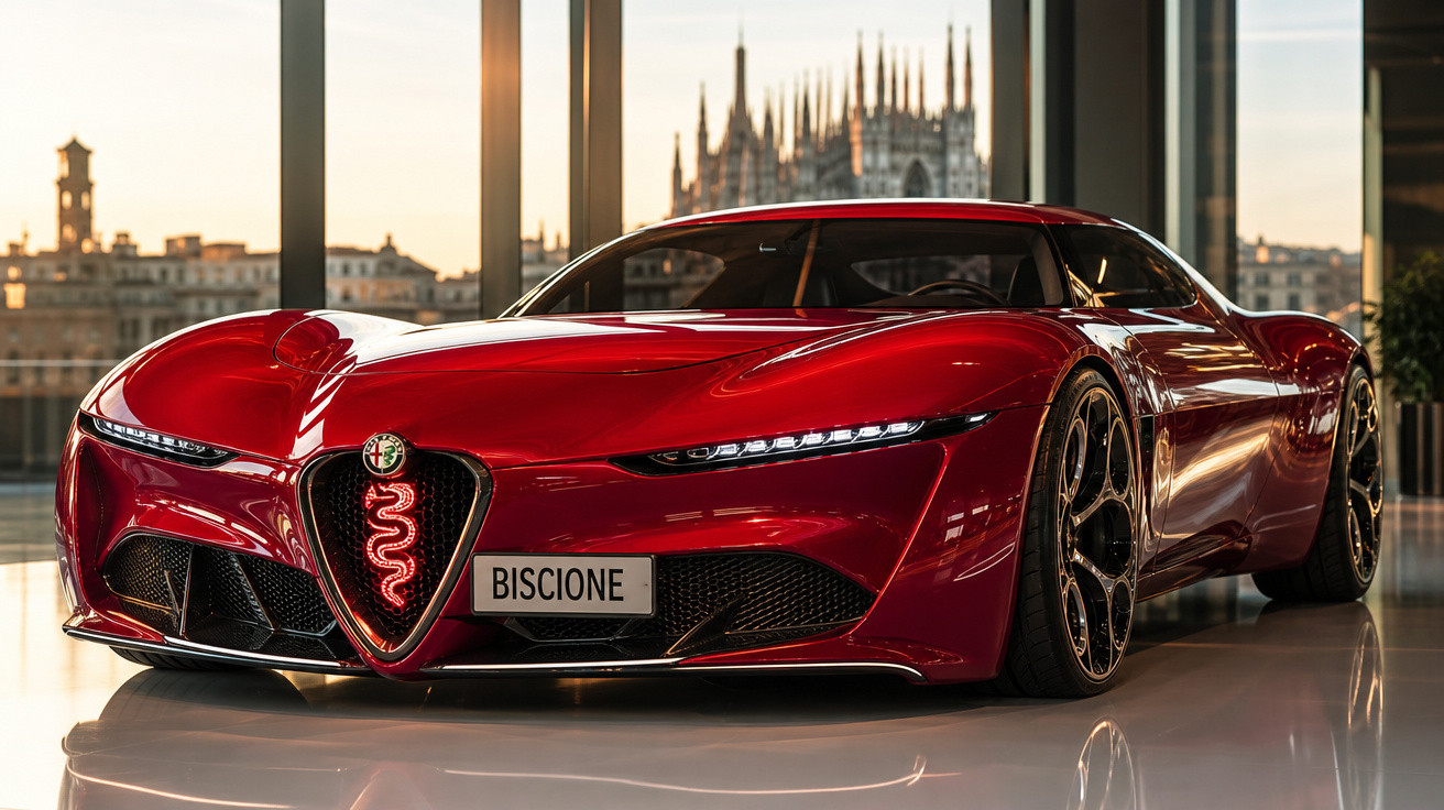 Carro esportivo vermelho Alfa Romeo Biscione em showroom com vista para a Catedral de Milão ao fundo.