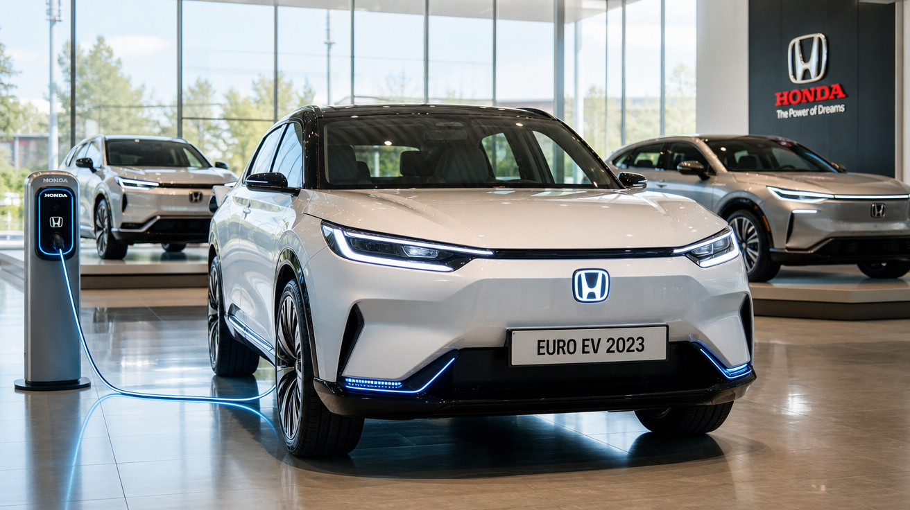 Carro elétrico Honda Euro EV 2023 branco carregando em estação dentro de showroom moderno.