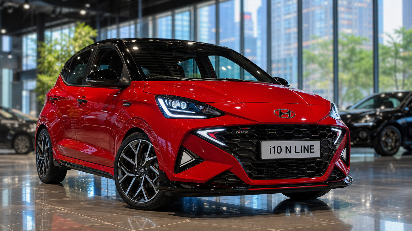 Carro Hyundai i10 N Line vermelho com teto preto em showroom moderno com grandes janelas de vidro.