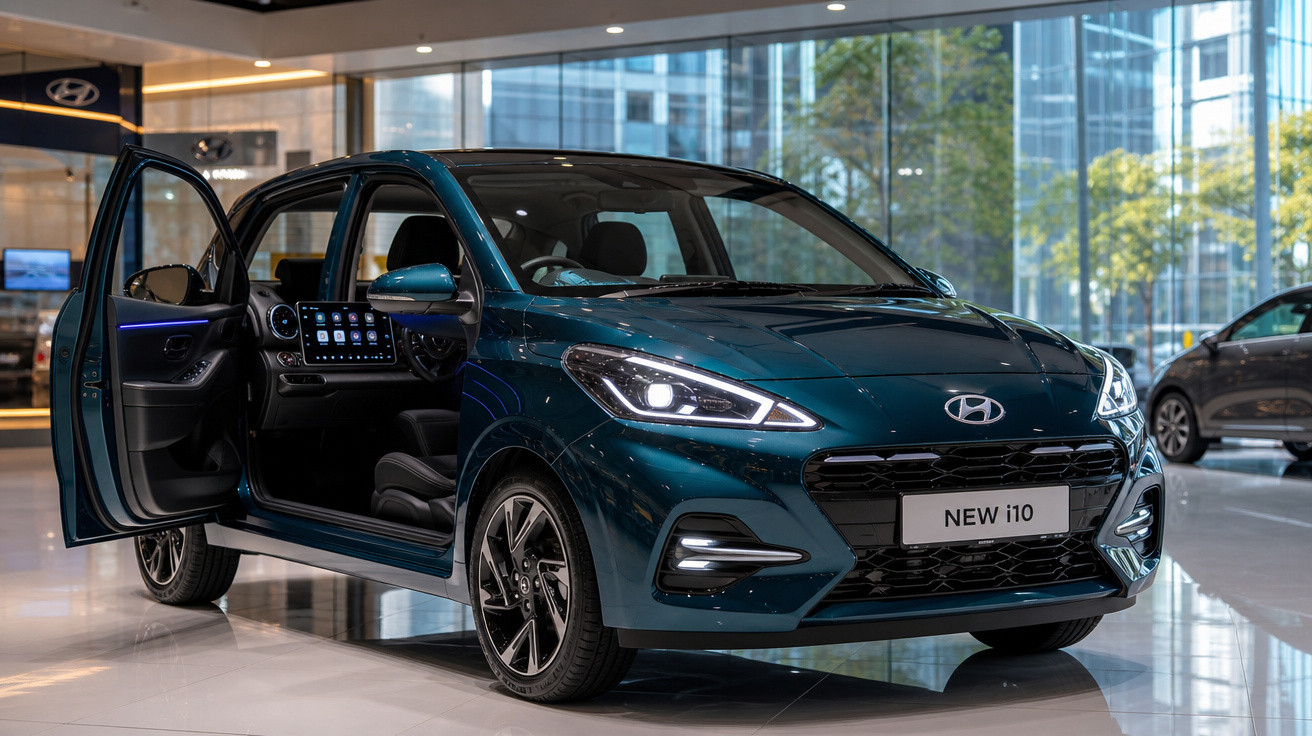 Carro Hyundai New i10 azul escuro exibido em showroom, com porta dianteira aberta e faróis acesos.