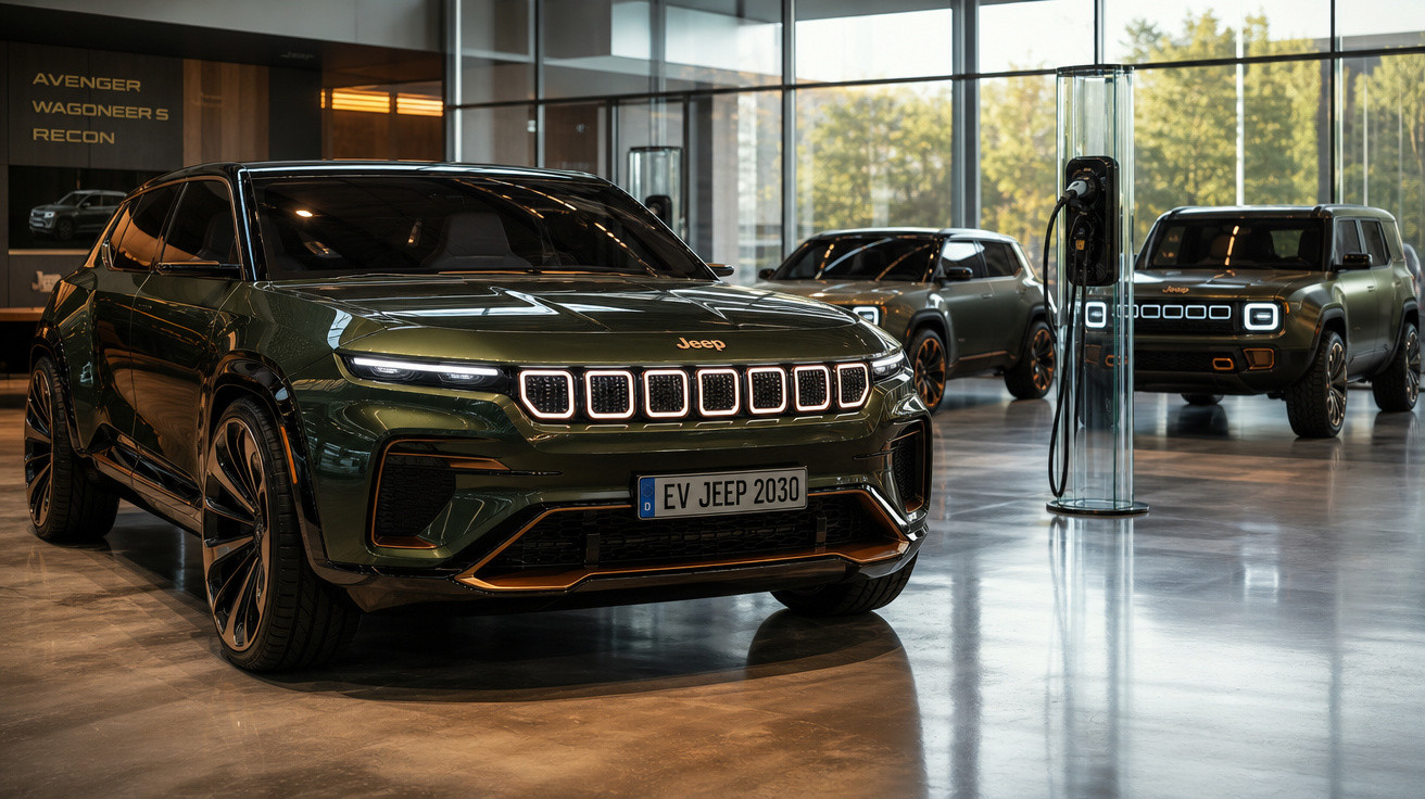 SUVs Jeep elétricos exibidos em showroom moderno com carregador de veículo elétrico.