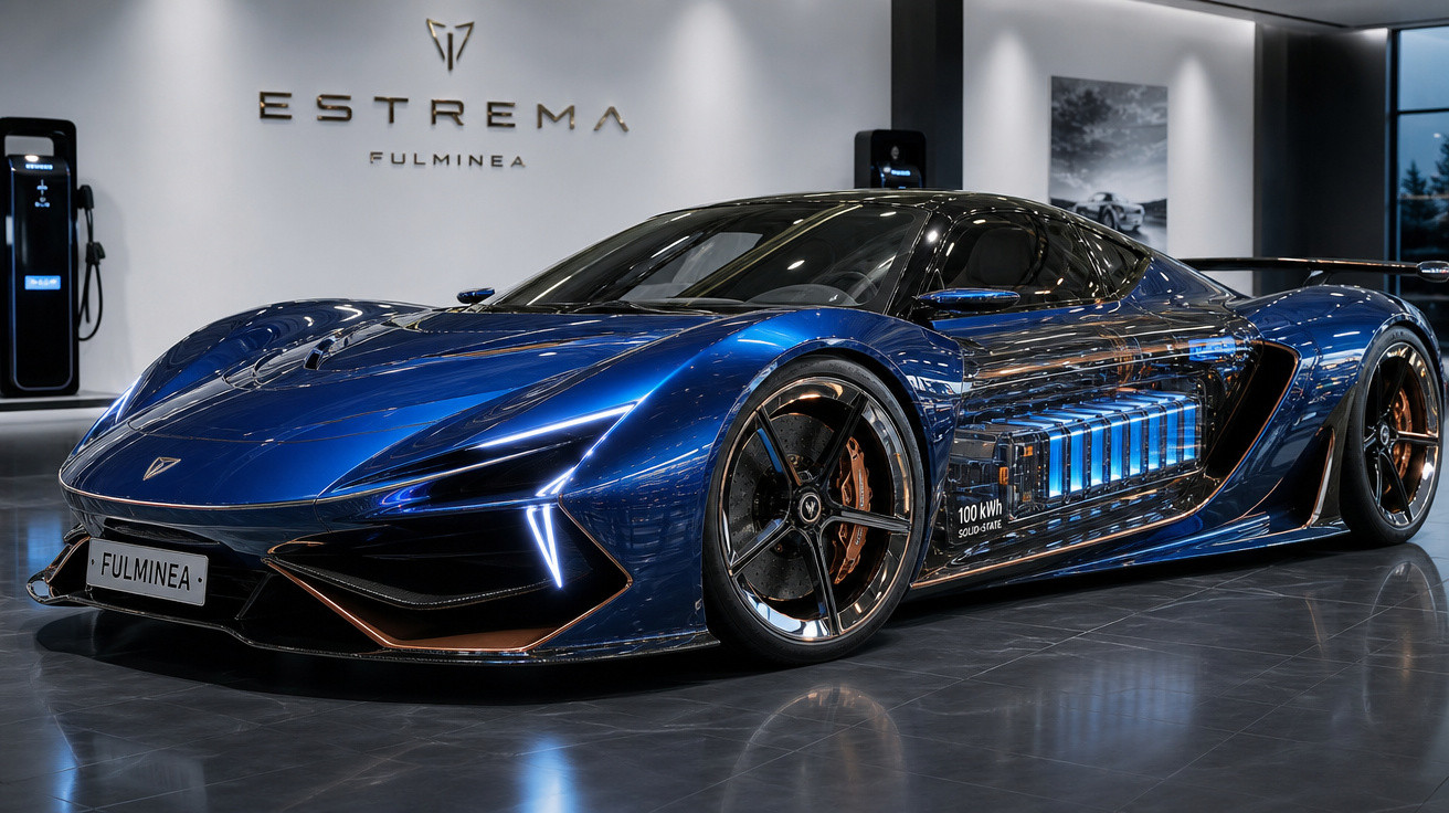 Carro esportivo elétrico azul Estrema Fulminea exposto em showroom moderno e iluminado.