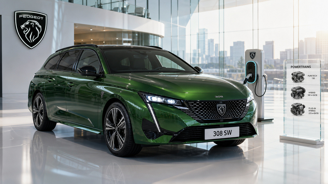 Carro Peugeot 308 SW verde elétrico exibido em showroom moderno com painel de recarga e logotipo Peugeot.