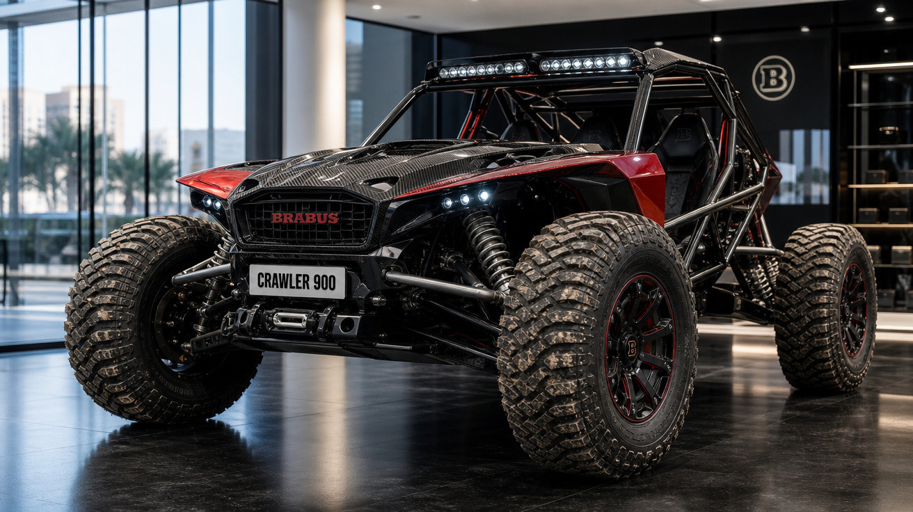 Veículo off-road Brabus Crawler 900 preto e vermelho em ambiente interno moderno.