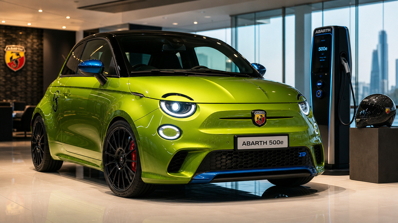Carro elétrico Abarth 500e verde em showroom com carregador e capacete ao lado.