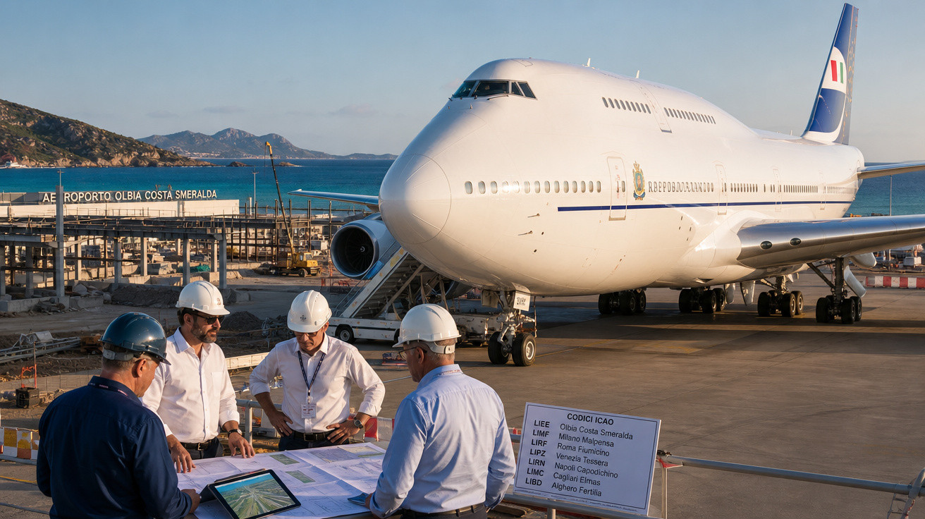 Quatro homens com capacetes revisam plantas na pista de aeroporto próximo a avião branco estacionado.
