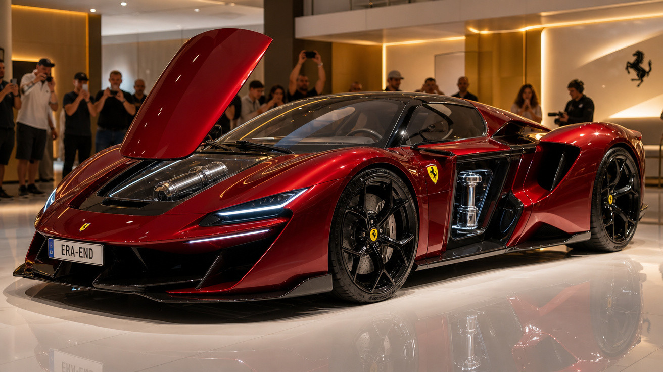 Carro esportivo Ferrari vermelho com porta aberta em exposição, com pessoas ao fundo em ambiente iluminado.