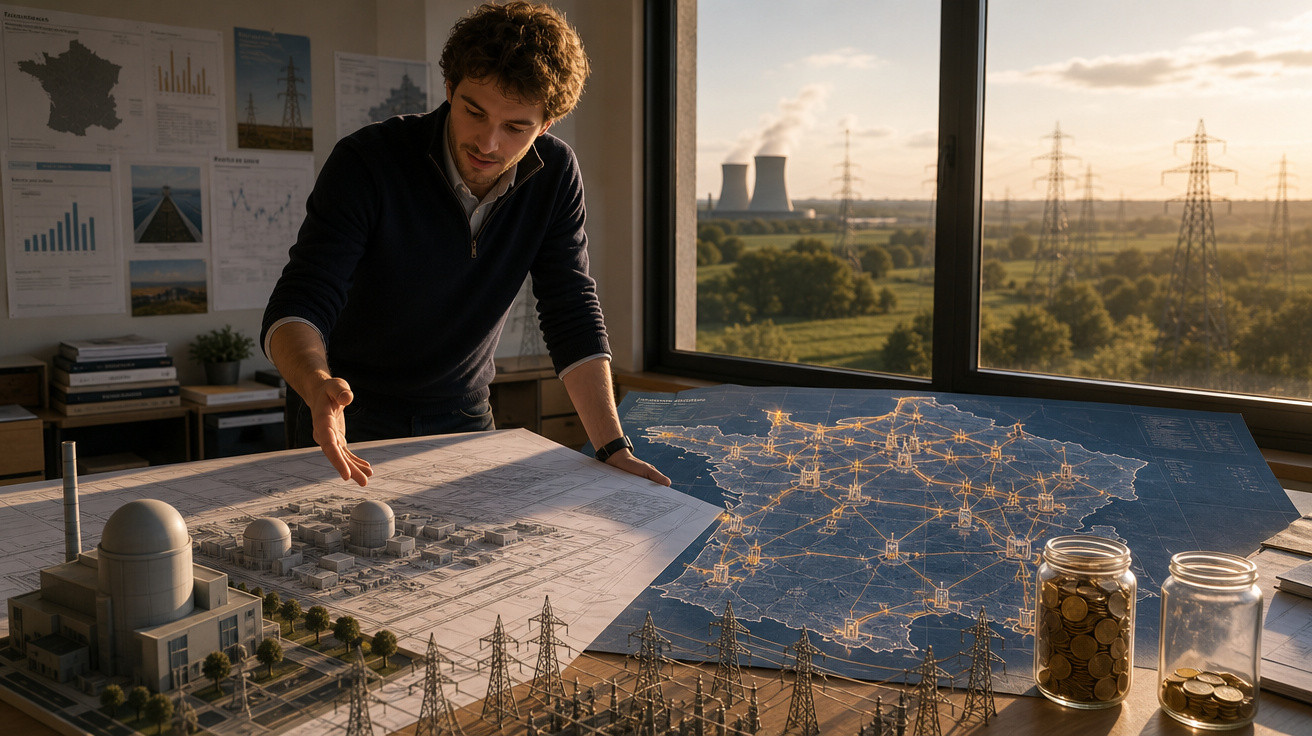 Homem analisando maquete e mapas de usinas nucleares e redes de energia em sala iluminada pelo pôr do sol.
