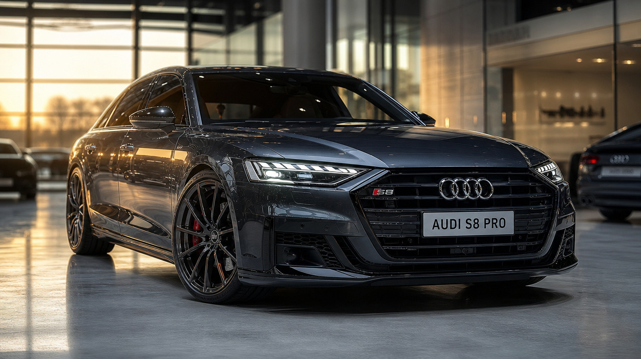 Carro preto Audi S8 Pro estacionado em ambiente interno com iluminação natural ao fundo.