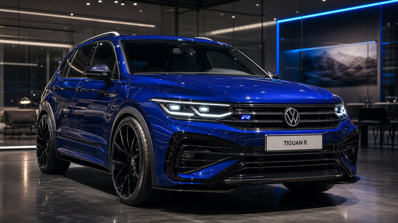 Carro Volkswagen Tiguan R azul em ambiente interno moderno com iluminação sofisticada.