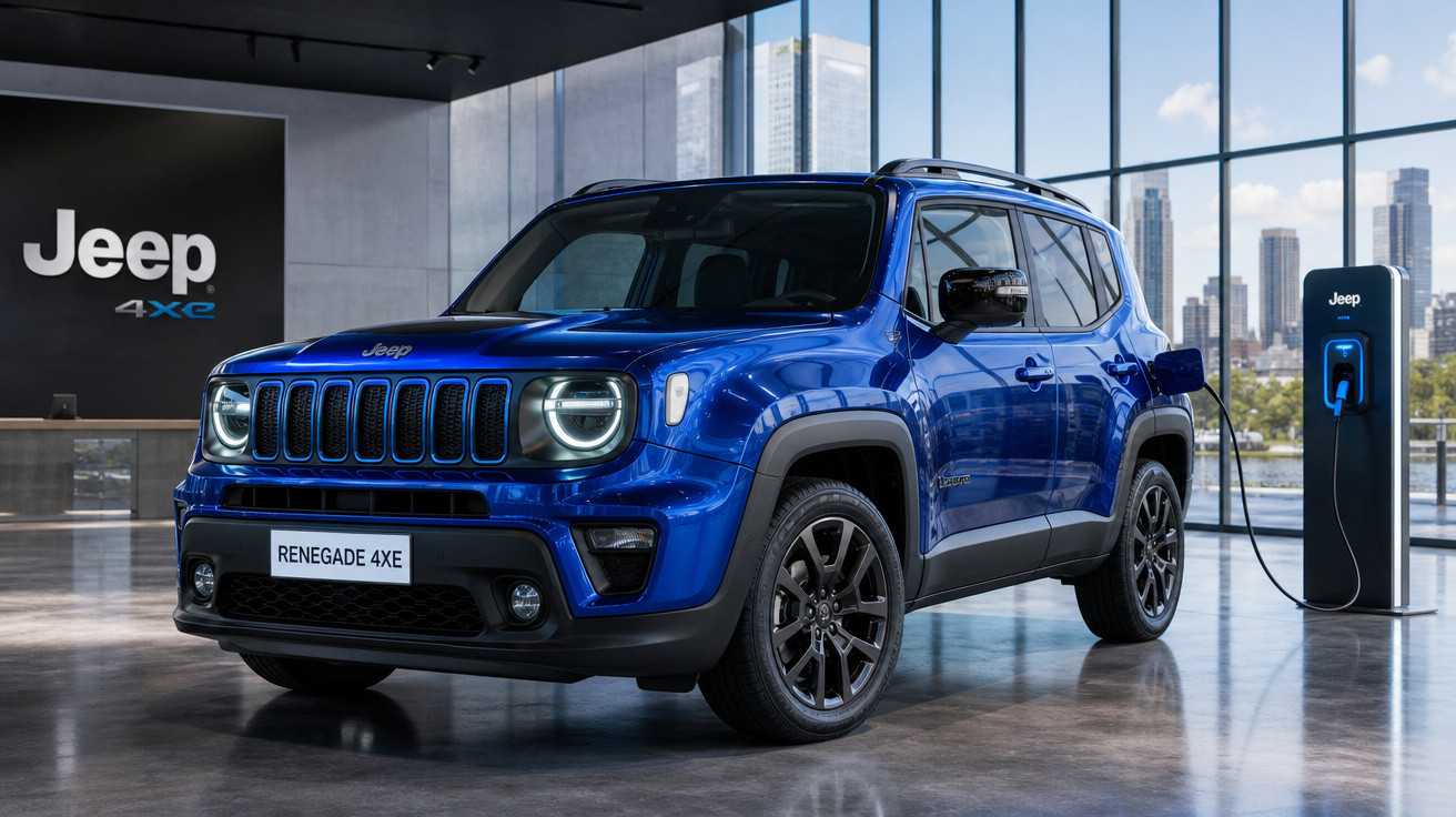 Carro Jeep Renegade 4XE azul carregando em estação de recarga em sala com janelas grandes.
