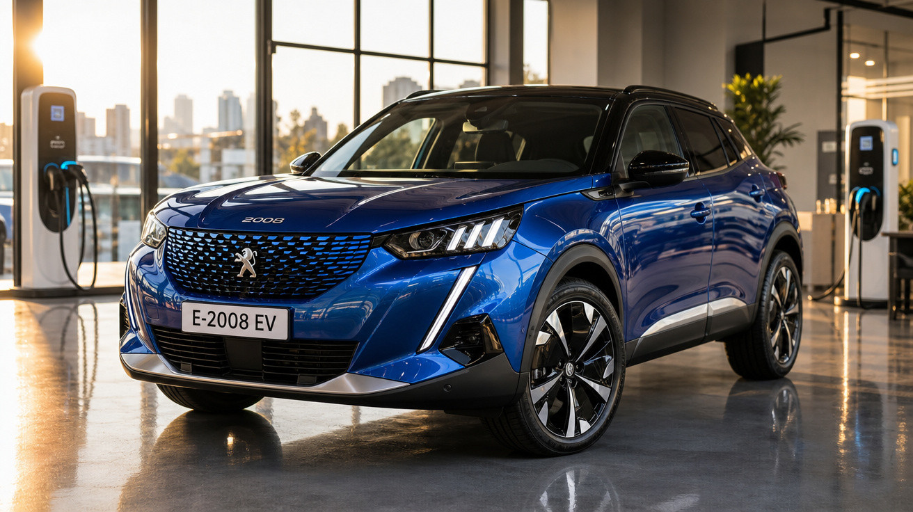 SUV elétrico azul Peugeot E-2008 EV estacionado em ambiente interno com estações de recarga.