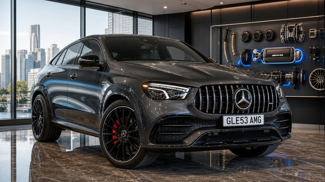 Mercedes-Benz GLE Coupé cinza escuro estacionado em showroom com painéis de motor na parede.