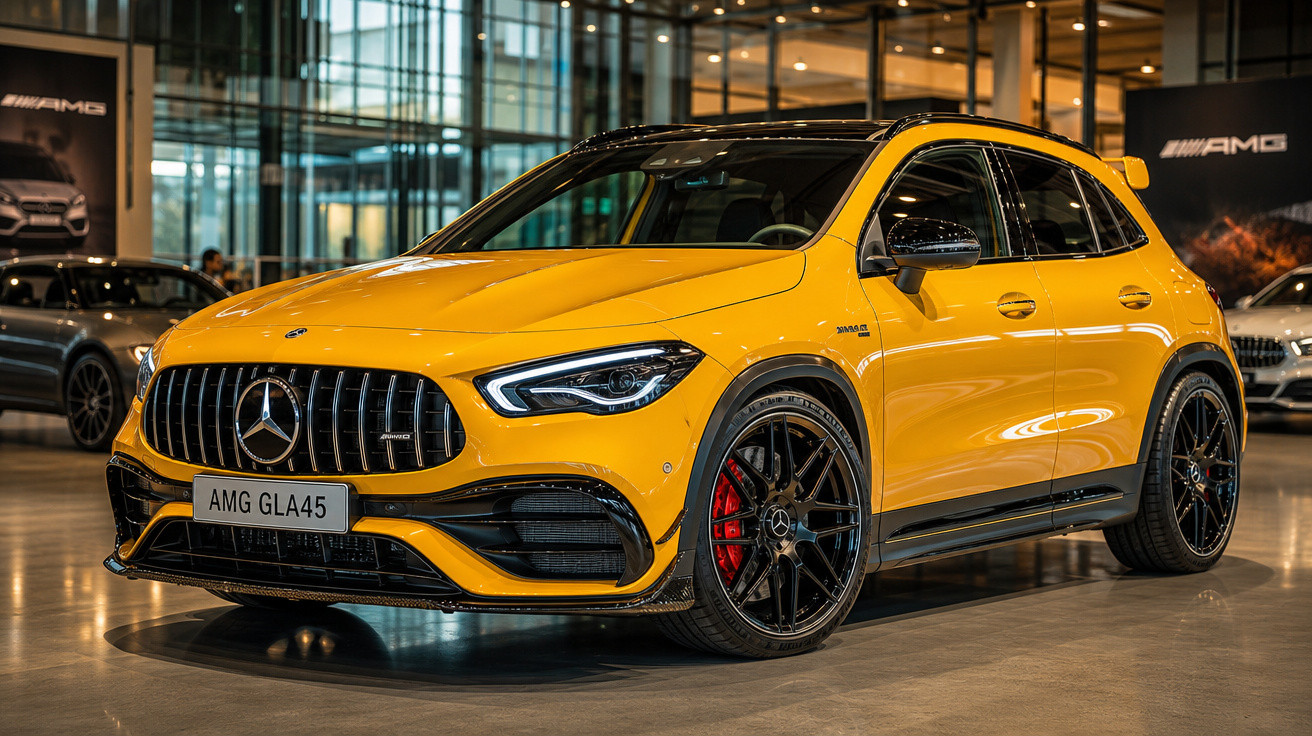 Carro esportivo SUV Mercedes-AMG GLA 45 amarelo exibido em showroom moderno e iluminado.
