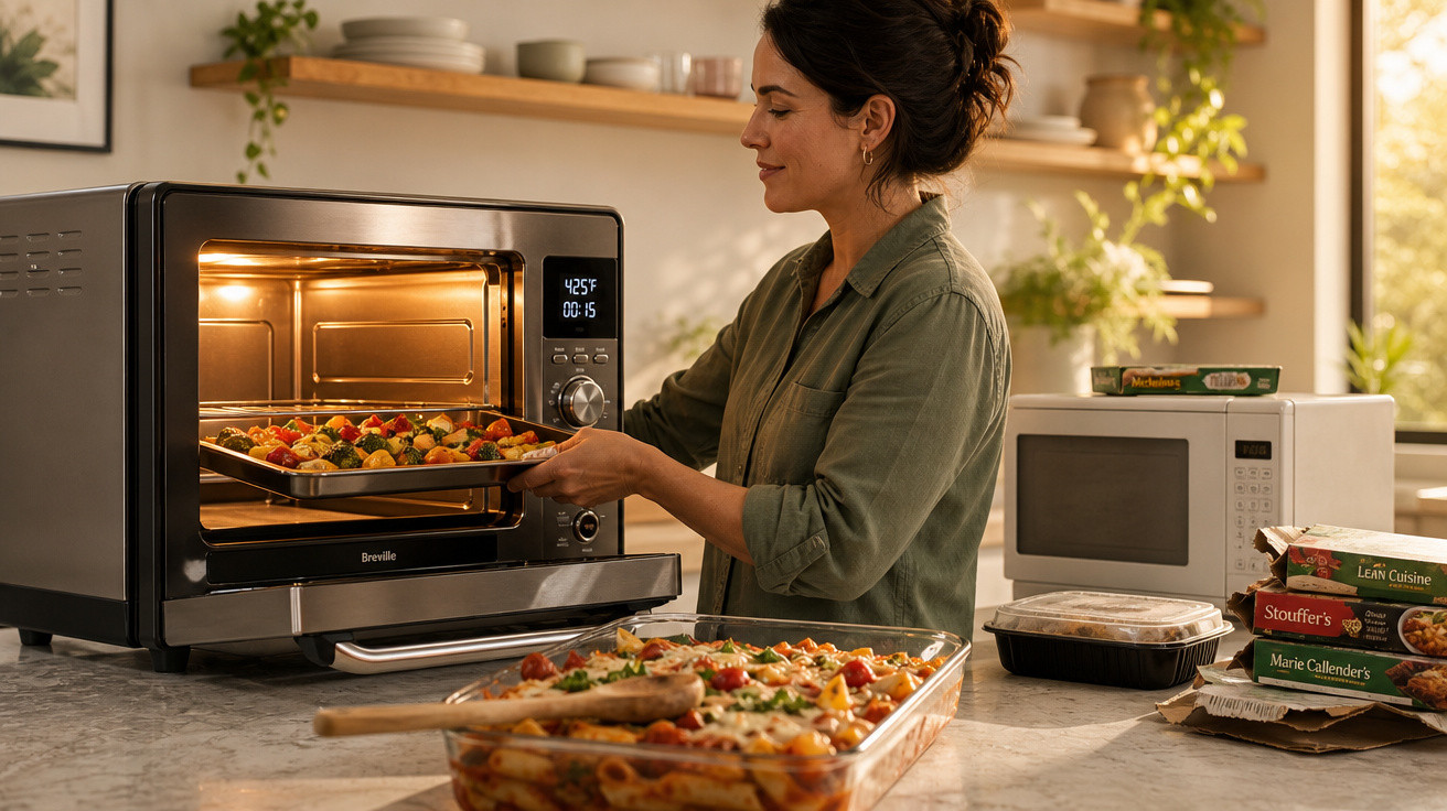 Mulher retirando assadeira com legumes variados do forno elétrico em cozinha moderna e iluminada.