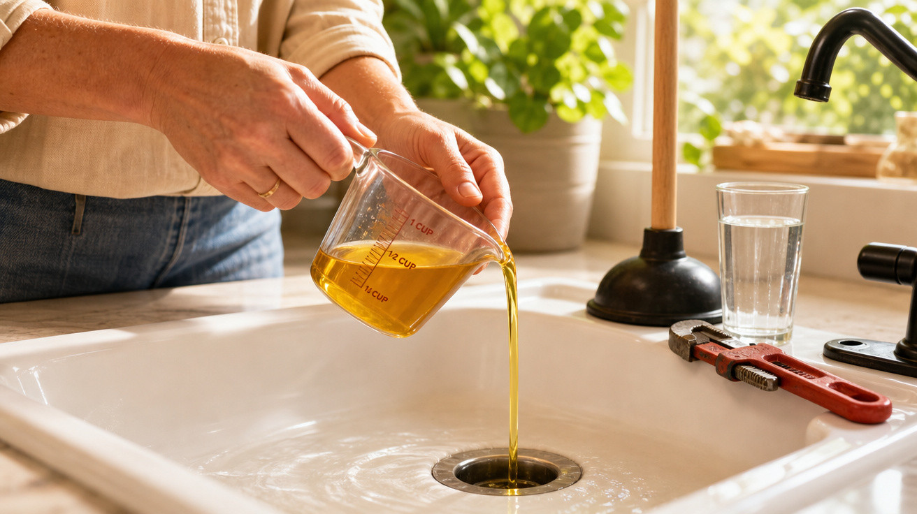 Pessoa despejando líquido amarelo em um ralo de pia de cozinha com ferramentas ao redor.