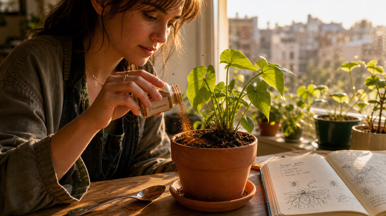 Mulher aplicando canela em pó em planta em vaso, com caderno de anotações aberto ao lado em ambiente iluminado.