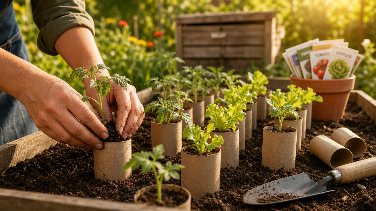 Mãos plantando mudas em vasos feitos com rolos de papel higiênico em uma horta caseira.