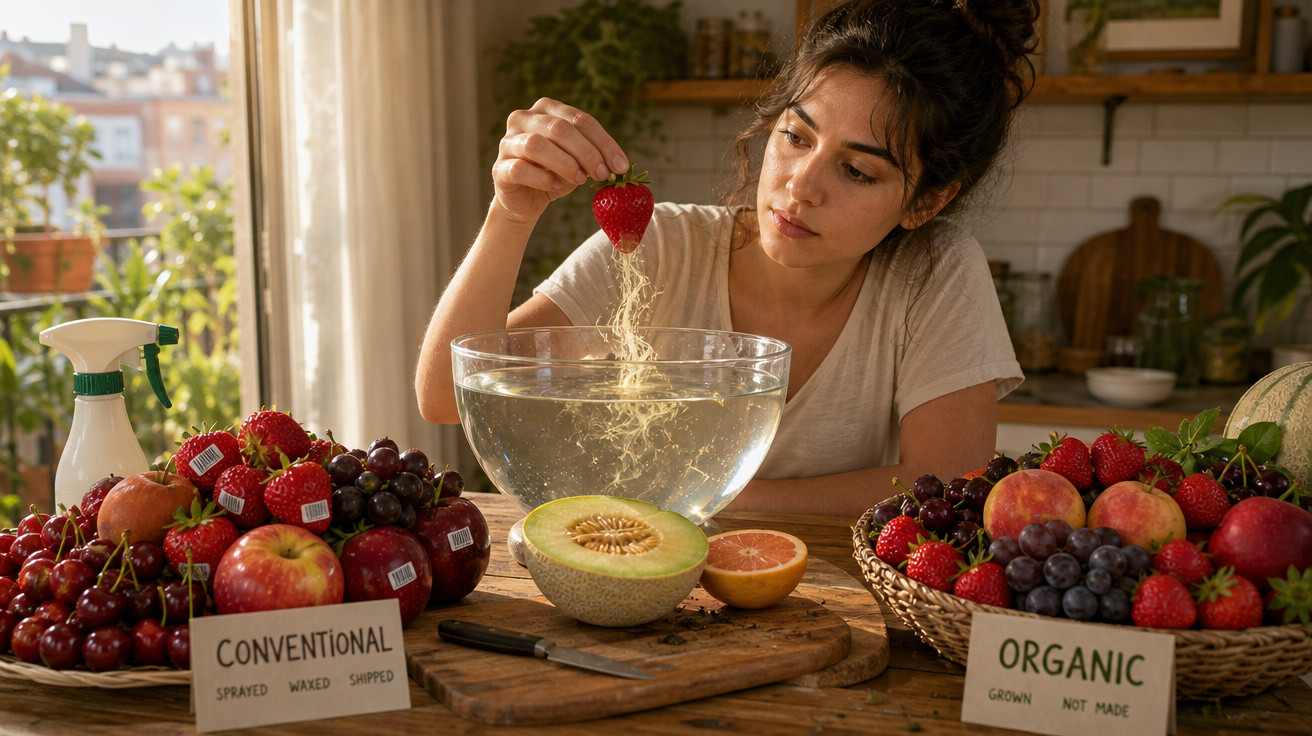 Mulher lavando morango em tigela de água para comparar frutas convencionais e orgânicas na mesa.