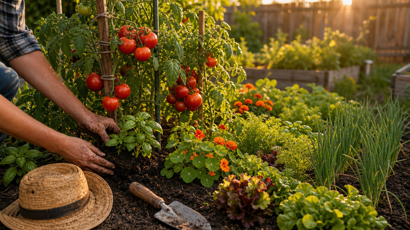 Pessoa cuidando de hortaliças e tomates vermelhos maduros em jardim com ferramentas e chapéu de palha.