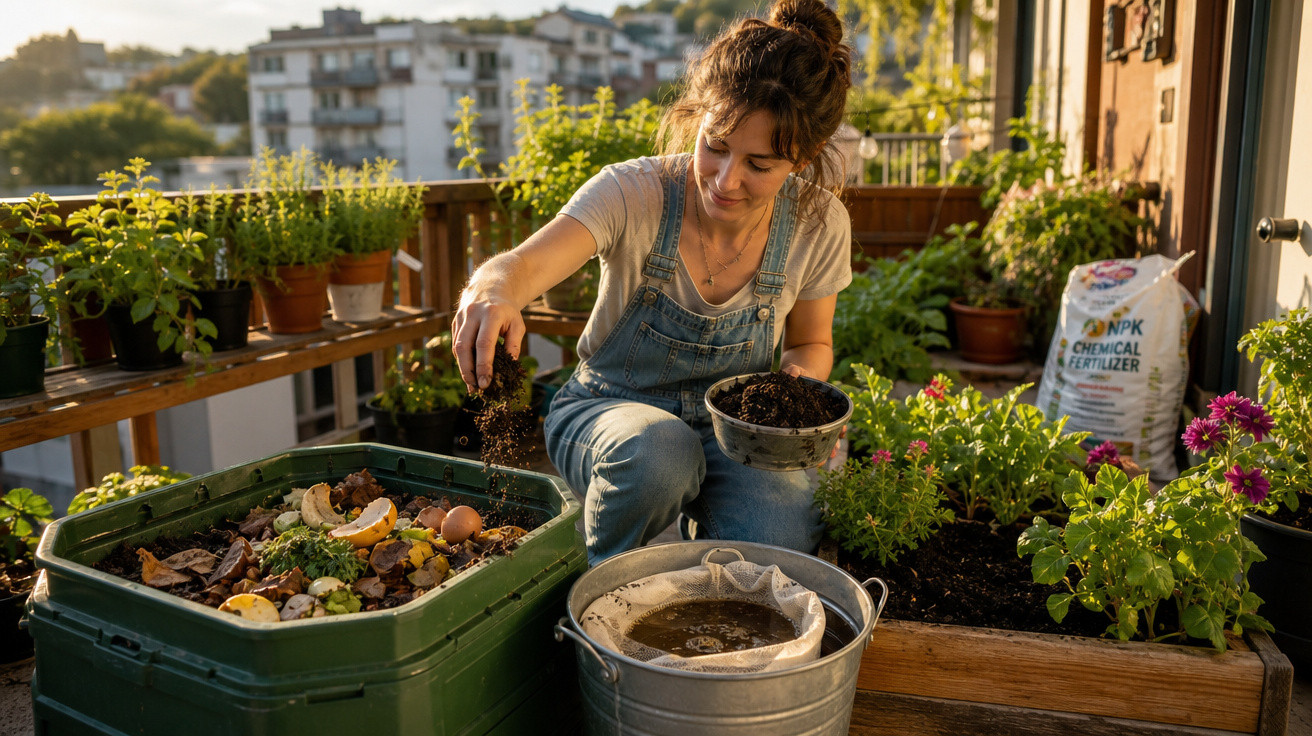 Mulher trabalhando em compostagem com restos orgânicos em varanda com plantas e jardim.