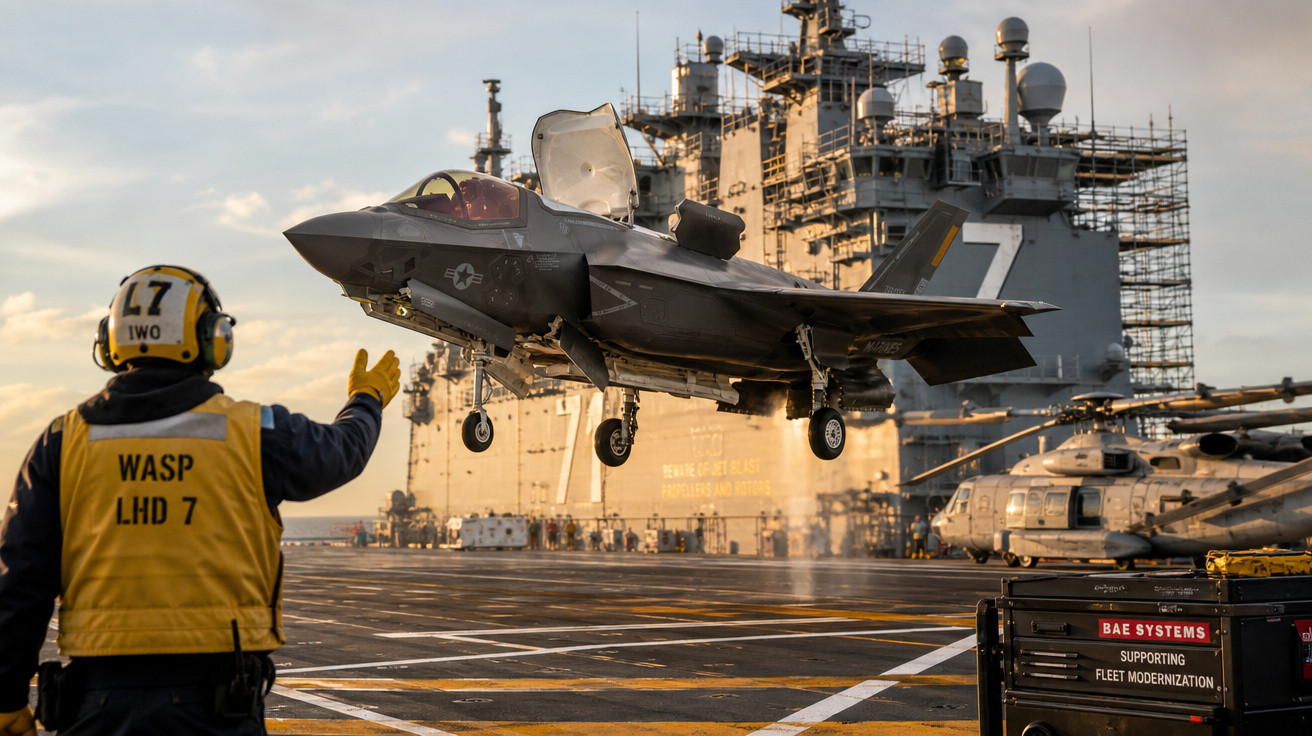 Caça F-35 decola do convés de porta-aviões com operador sinalizando ao lado em mar aberto.