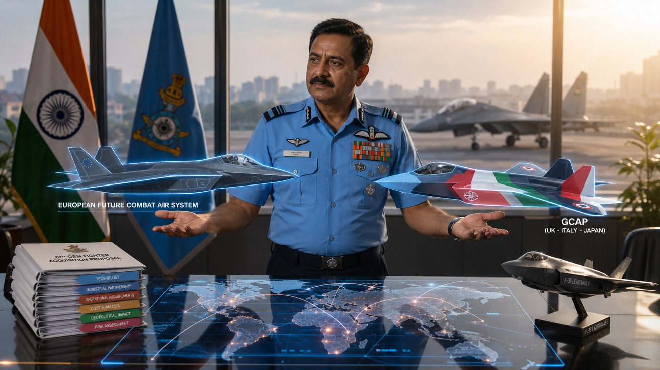 Homem fardado segurando modelos de aviões futuristas com mapas e bandeiras ao fundo.