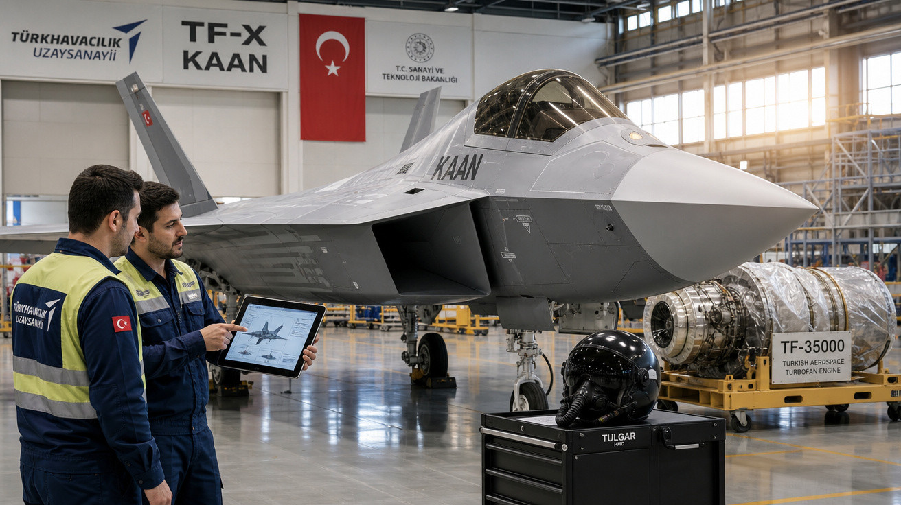 Avião de caça TF-X KAAN em hangar com dois técnicos e motor TF-35000 ao fundo.