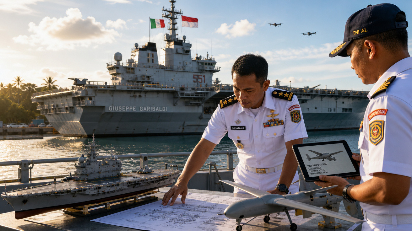Dois militares analisam planta e modelos de aeronaves e navios com navio de guerra ao fundo em porto ao entardecer.