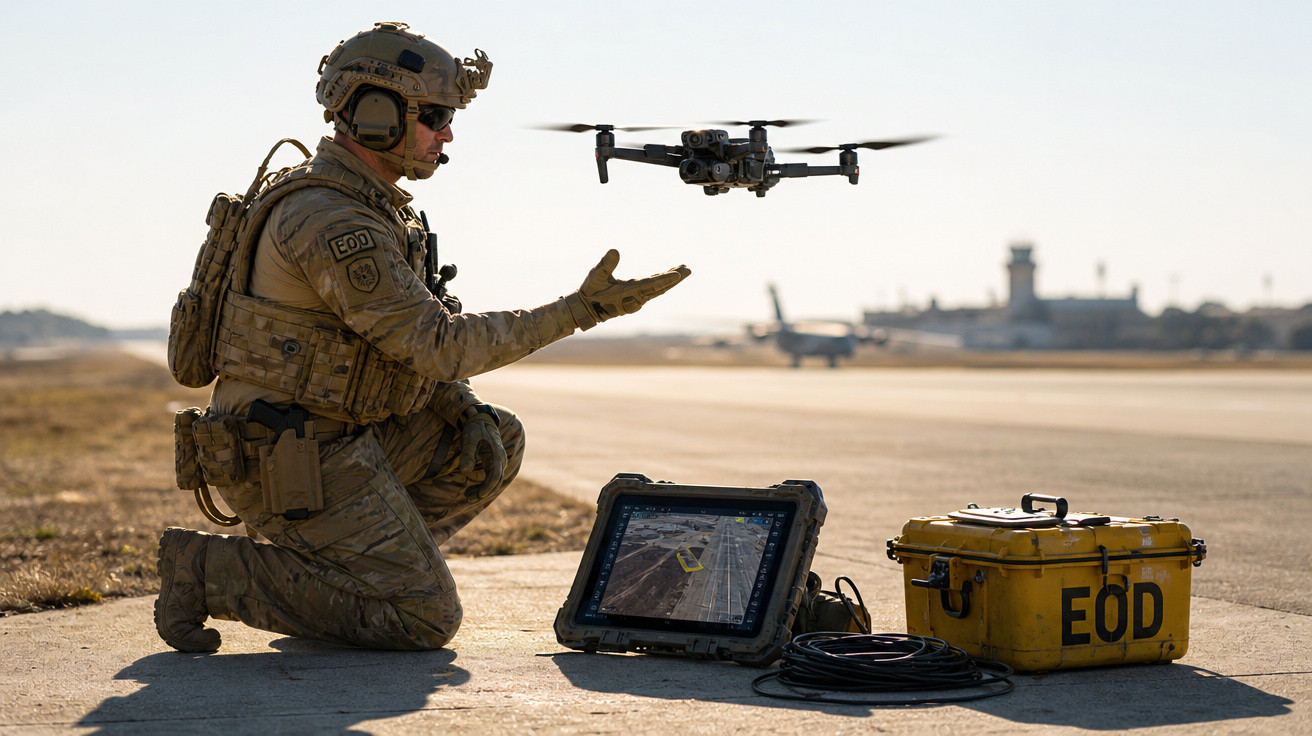 Soldado militar operando drone perto de aeroporto, com tablet e maleta amarela EOD no chão.