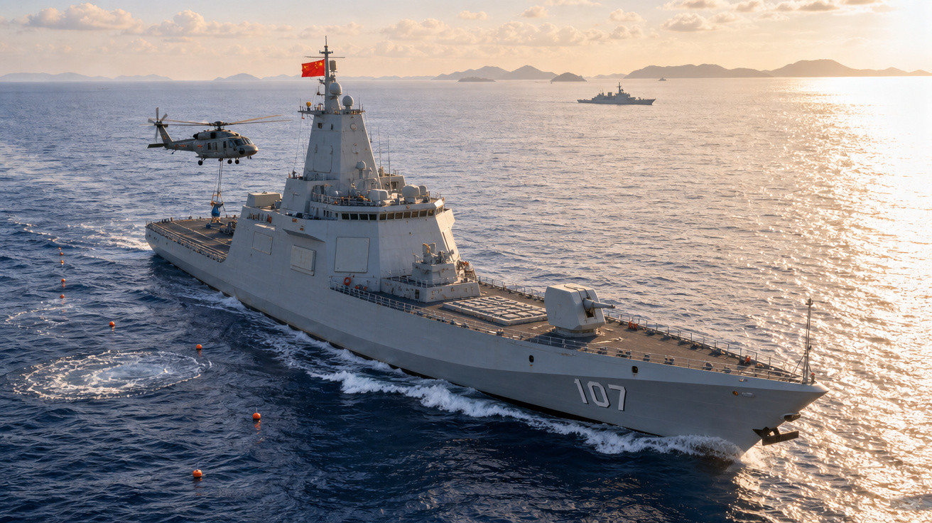 Navio de guerra cinza com número 107 e helicóptero realizando operação em mar aberto ao pôr do sol.