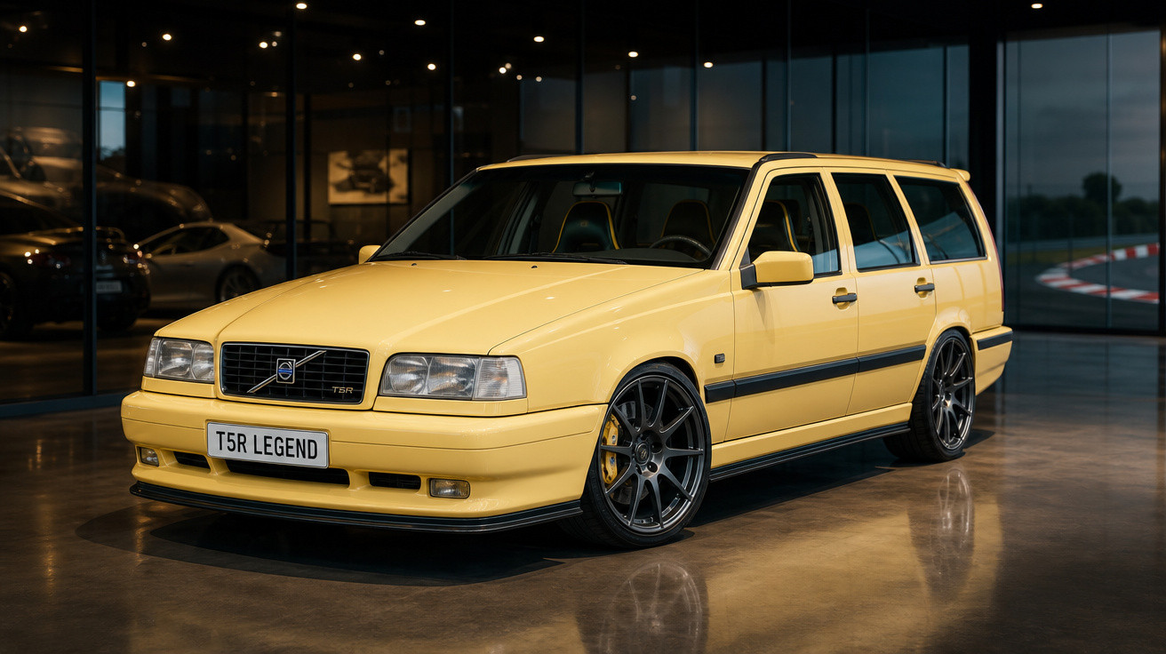 Carro Volvo T5R amarelo estacionado em ambiente interno moderno com piso refletivo.