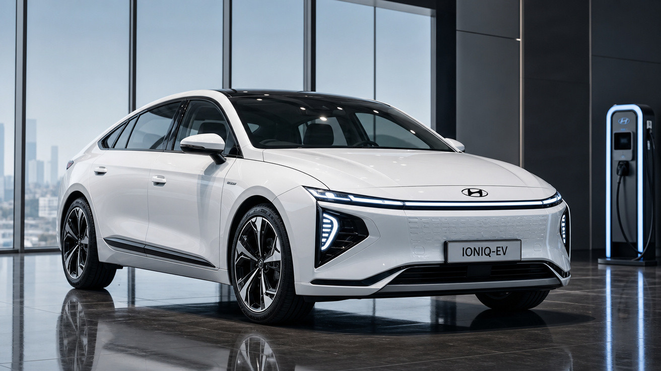 Carro elétrico branco Hyundai Ioniq EV estacionado em showroom ao lado de estação de recarga.