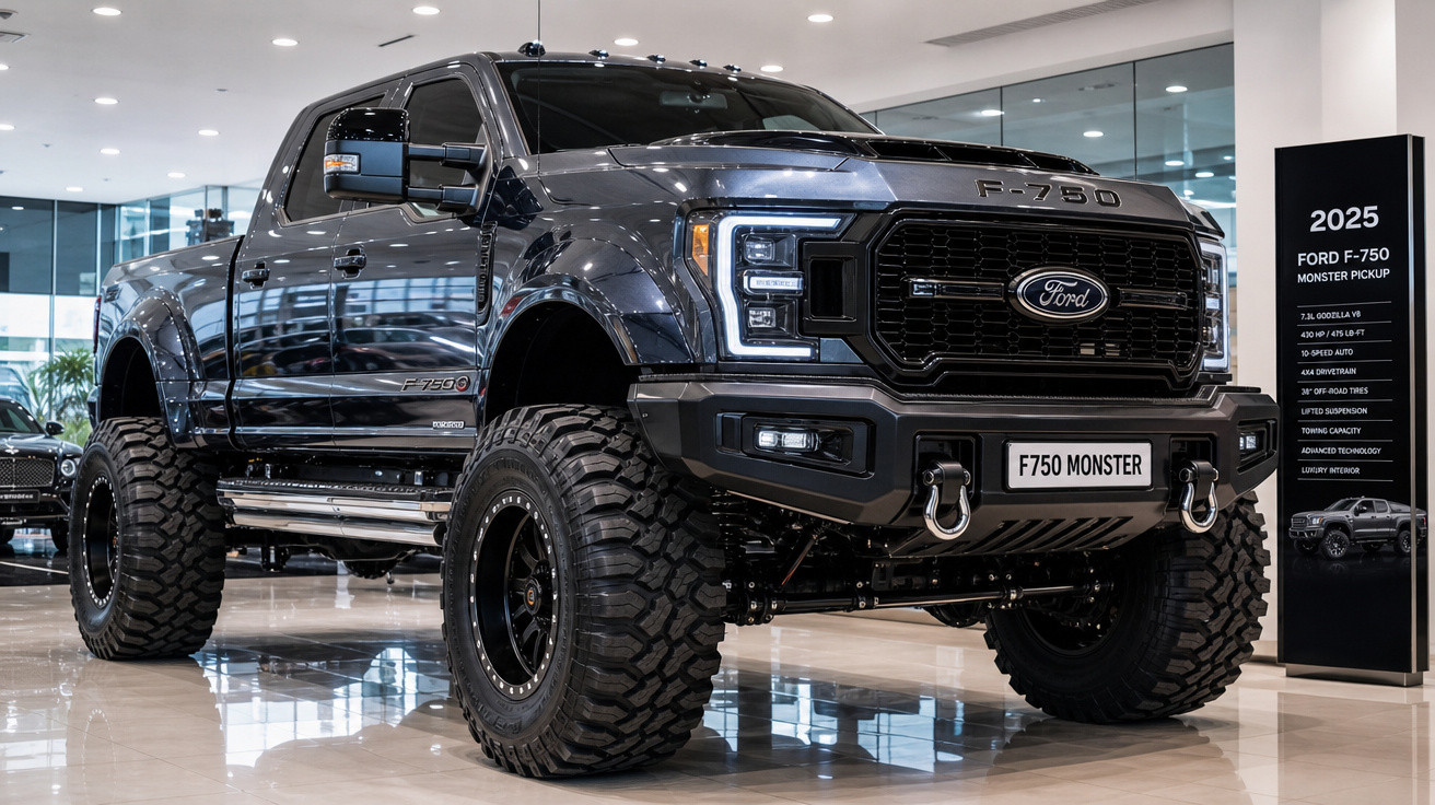 Ford F-750 Monster Pickup cinza em exposição interna, com pneus grandes e suspensão elevada.