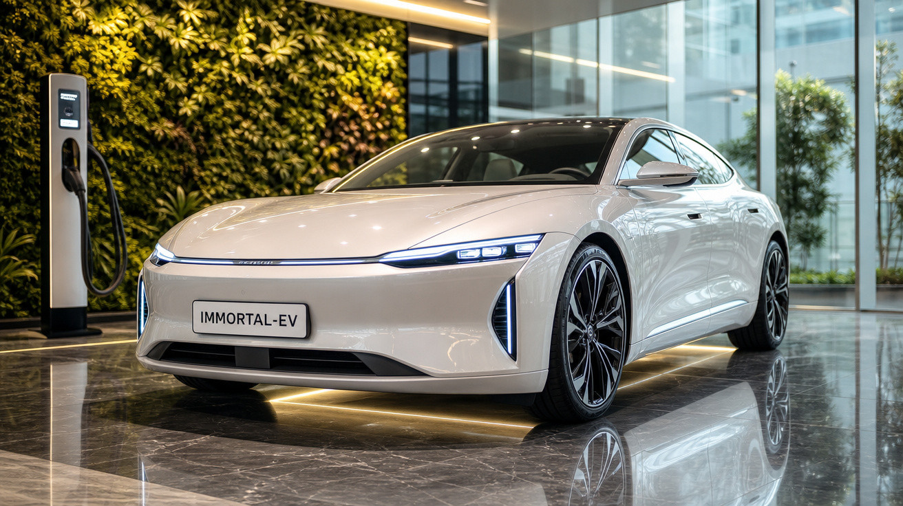 Carro elétrico branco modelo Immortal-EV estacionado ao lado de carregador em ambiente moderno com parede verde.