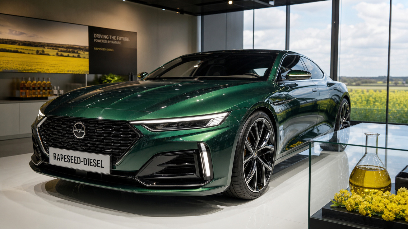 Carro esportivo verde escuro em exposição com vidro ao lado mostrando frasco de óleo e flores amarelas.