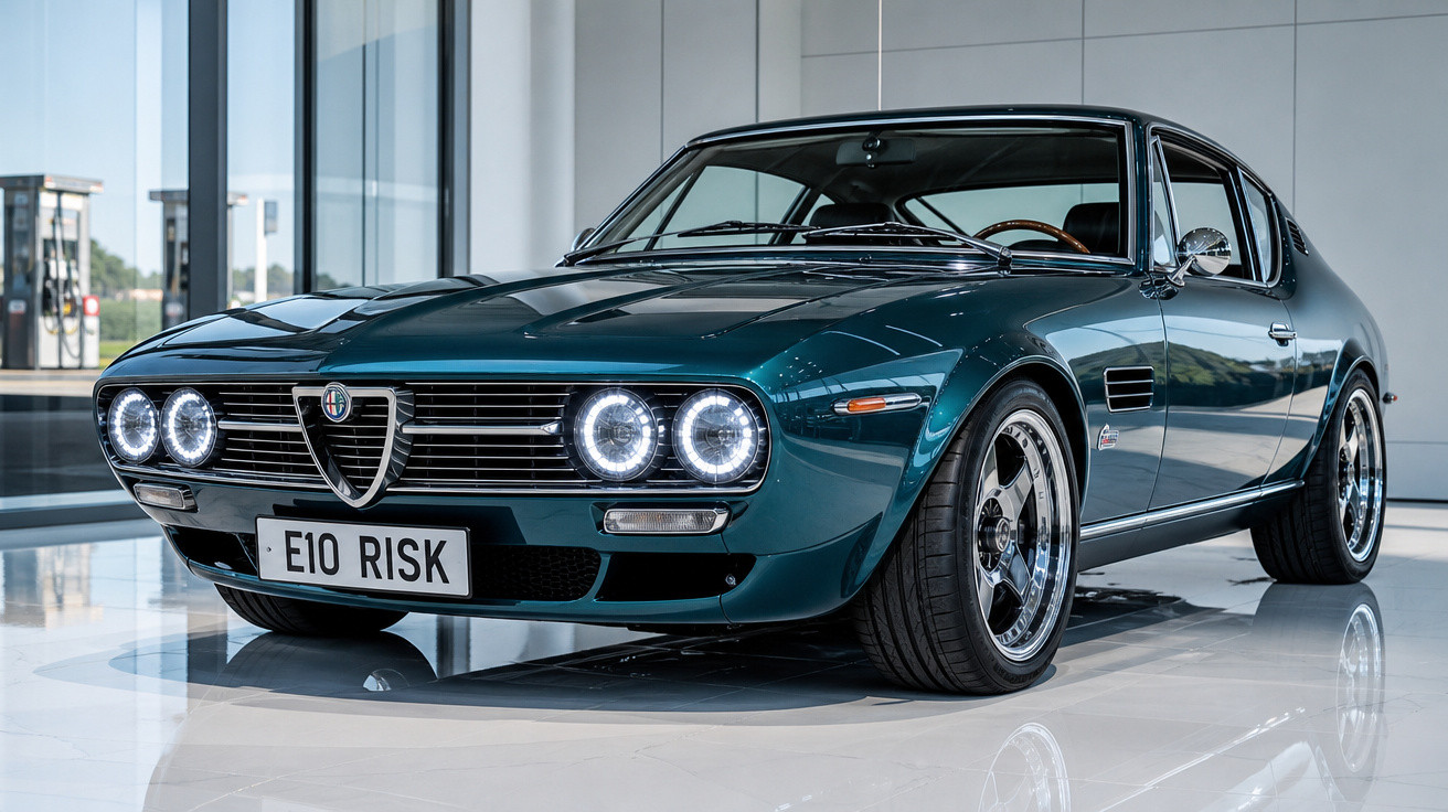 Carro clássico Alfa Romeo verde escuro em ambiente interno com luzes dianteiras acesas.