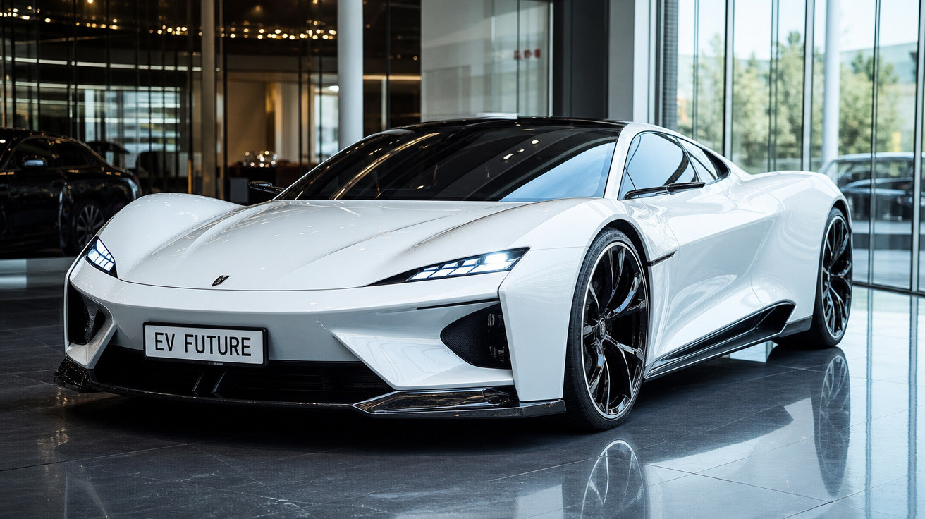 Carro esportivo elétrico branco estacionado em ambiente interno com piso brilhante e janelas amplas.