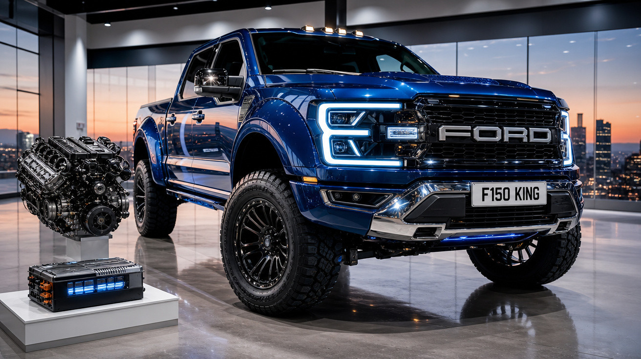 Picape Ford F-150 King azul em showroom moderno com motor e bateria expostos ao lado.