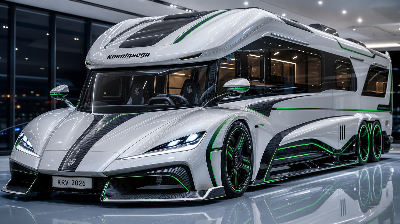 Motorhome esportivo Koenigsegg branco com detalhes verdes em showroom moderno e iluminado.