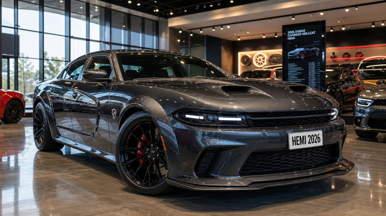 Carro esportivo cinza escuro Dodge Charger Hellcat com rodas pretas exposto em showroom moderno.
