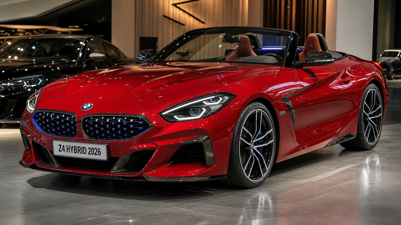 Carro esportivo conversível BMW Z4 Hybrid 2026 vermelho em showroom moderno.