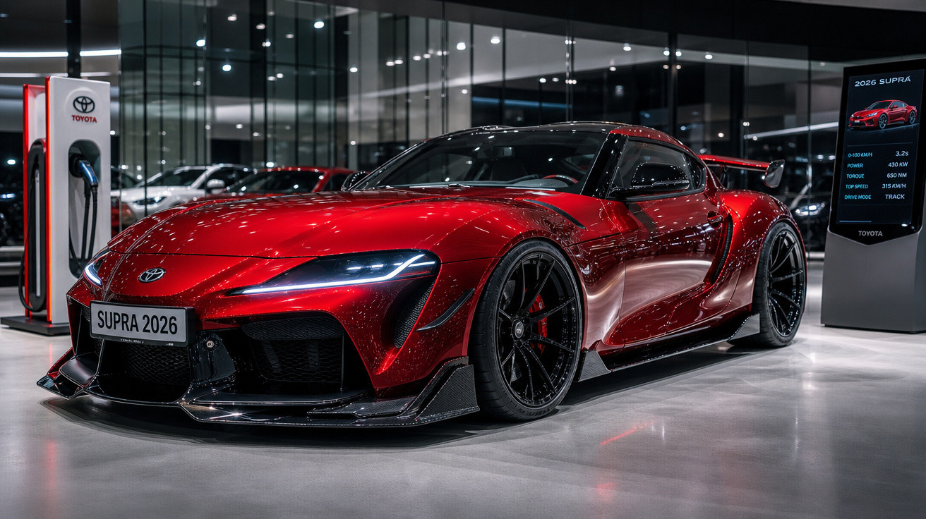 Carro esportivo Toyota Supra 2026 vermelho exibido em showroom moderno e iluminado.