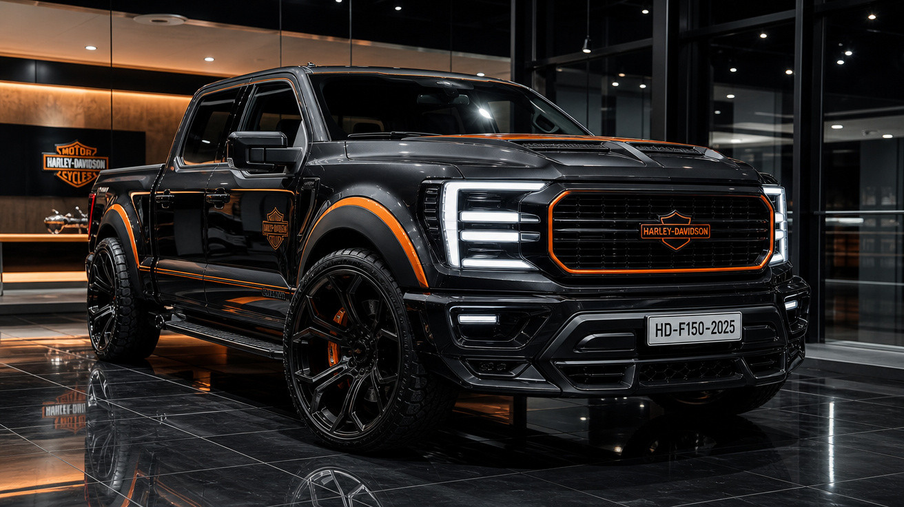 Picape preta Harley-Davidson 2025 com detalhes laranja em showroom moderno e iluminado.