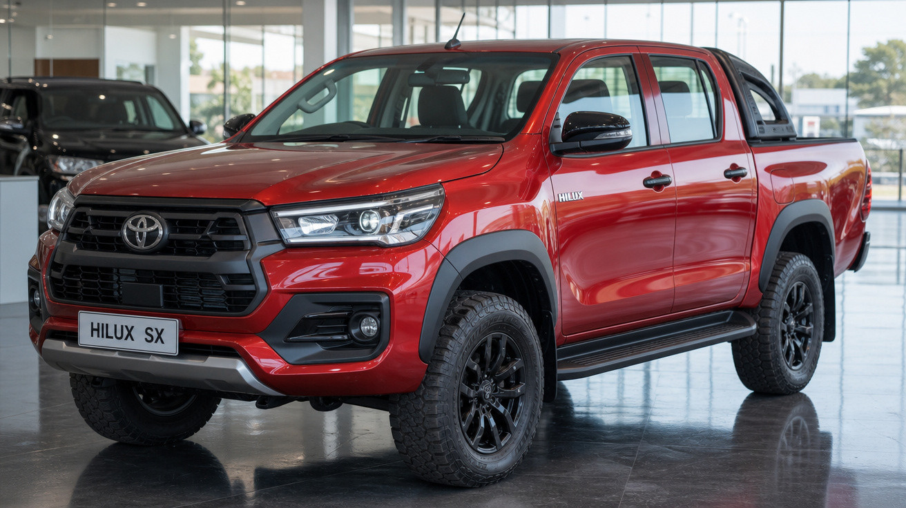 Picape Toyota Hilux SX vermelha, cabine dupla, em showroom com piso refletivo.