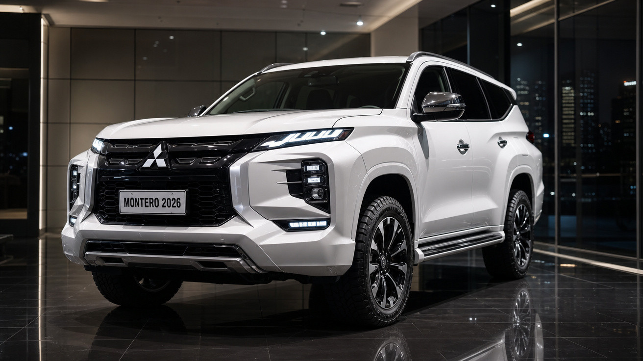 SUV Mitsubishi Montero 2026 branco estacionado em ambiente interno com piso refletivo.
