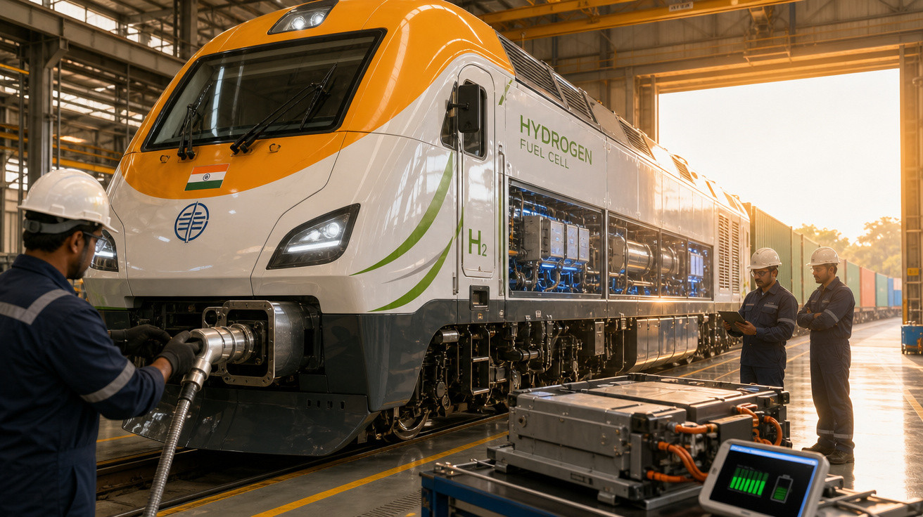 Trem movido a célula de combustível de hidrogênio sendo abastecido por trabalhador em galpão industrial.